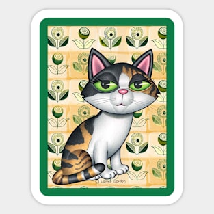 Cute Calico Cat in front of greenish flowers Sticker